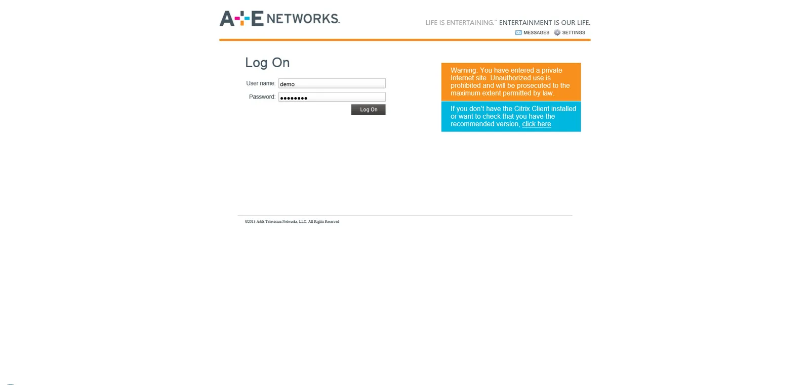 A+E Networks: Web Interface: Citrix Web Interface login page