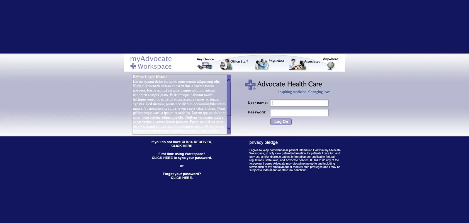 Advocate Healthcare: StoreFront: Citrix StoreFront login page