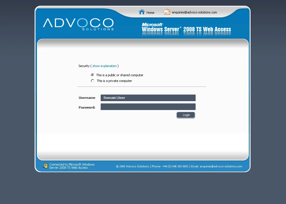 Advoco Solutions: RD Web: Microsoft RD Web login page