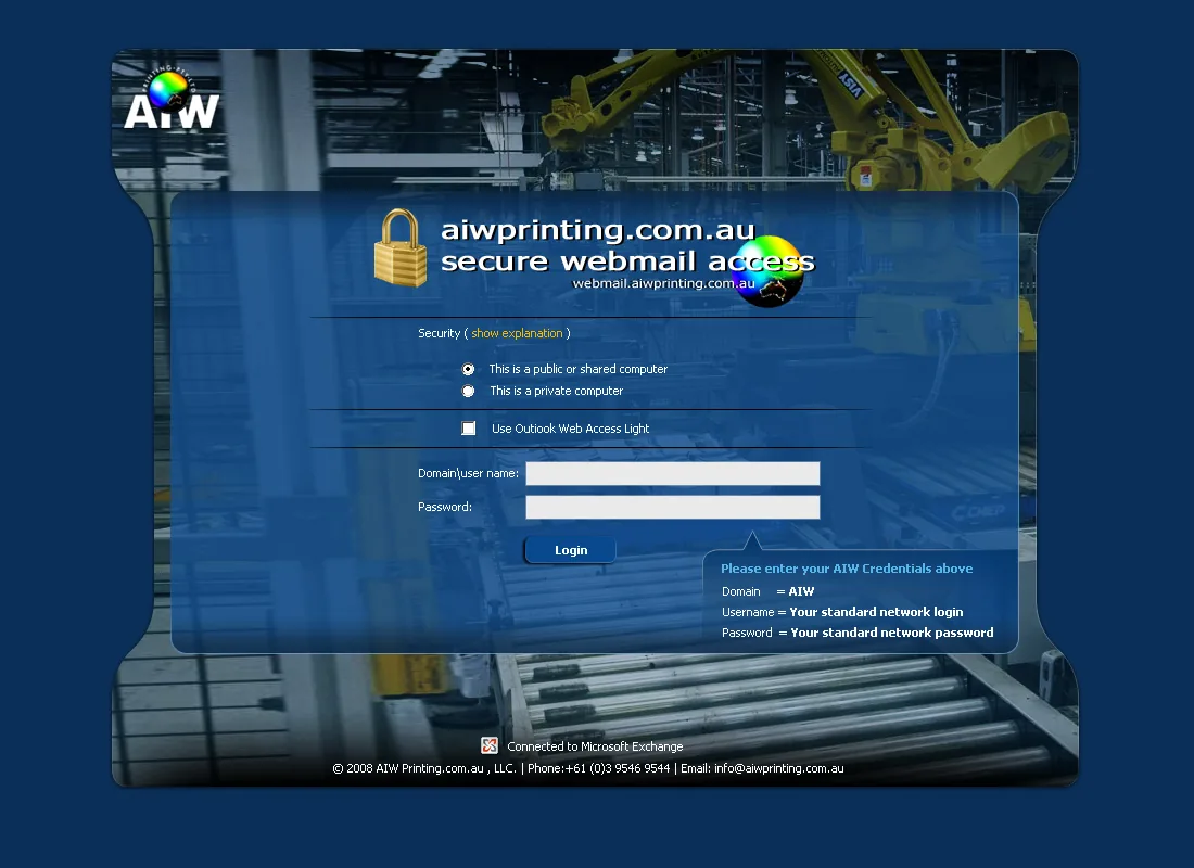 AIW Printing: OWA: Microsoft OWA login page