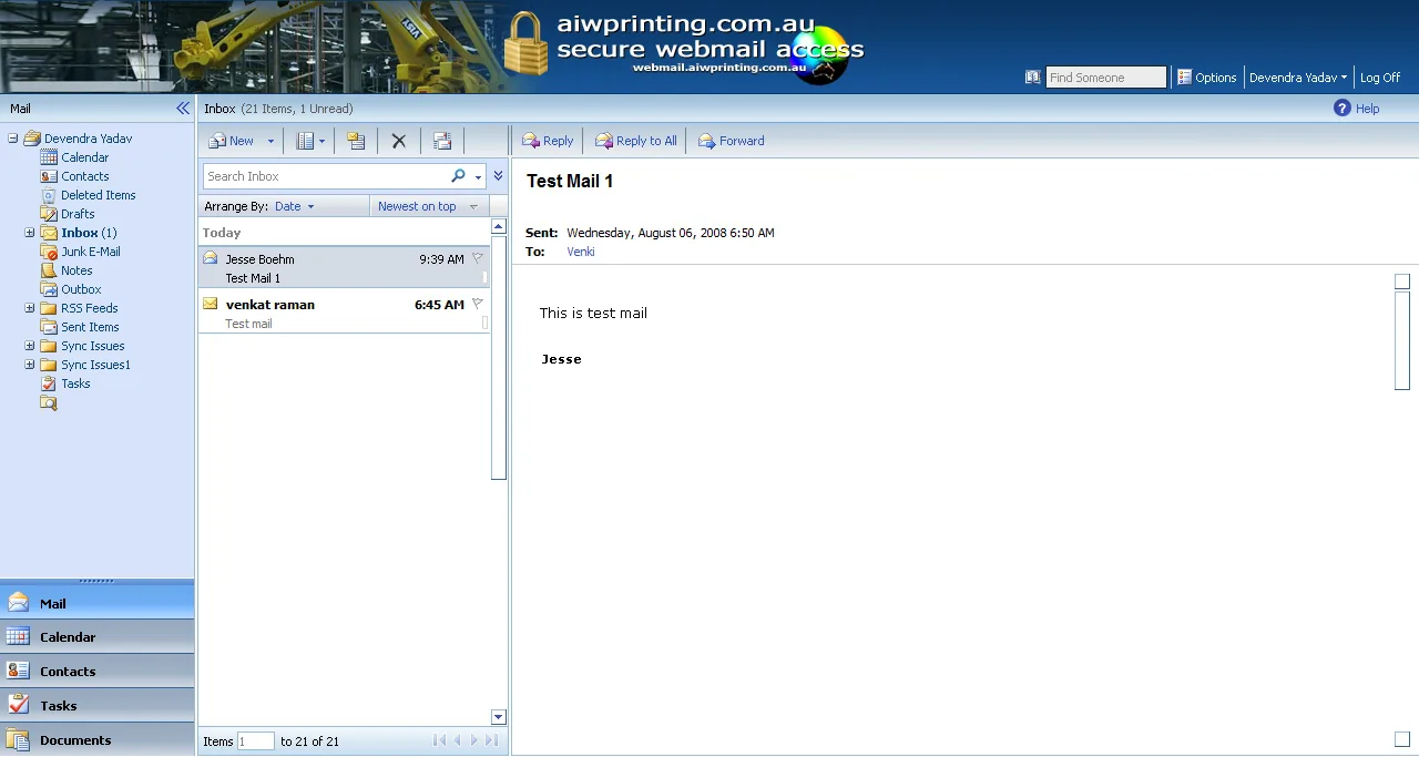 AIW Printing: OWA: Microsoft OWA screenshot 2