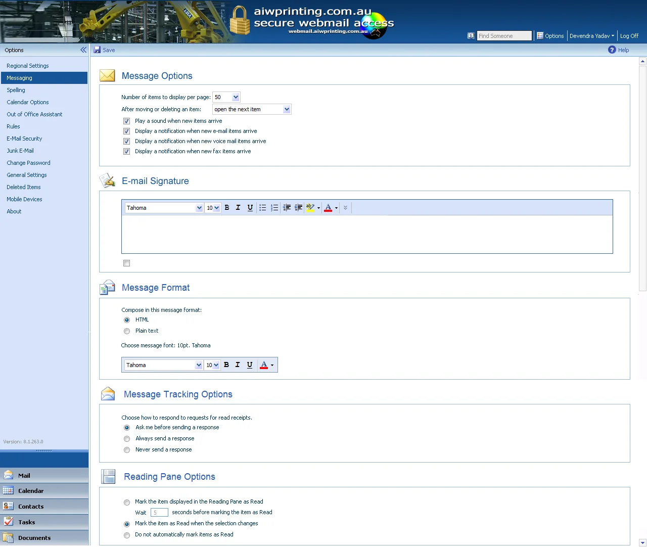 AIW Printing: OWA: Microsoft OWA screenshot 3