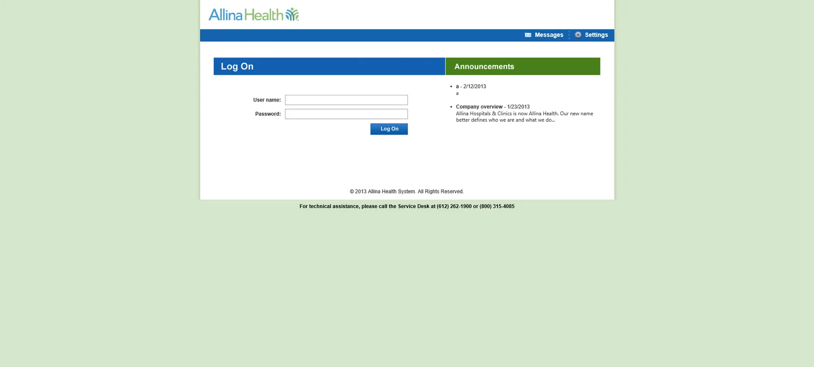 Allina: Web Interface: Citrix Web Interface login page