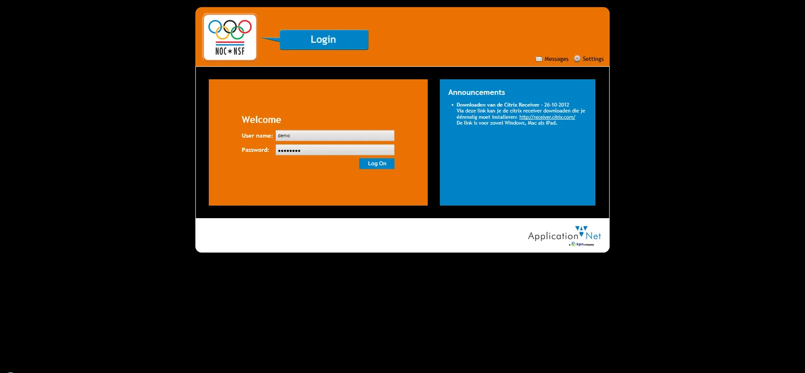 ApplicationNet: Web Interface: Citrix Web Interface login page