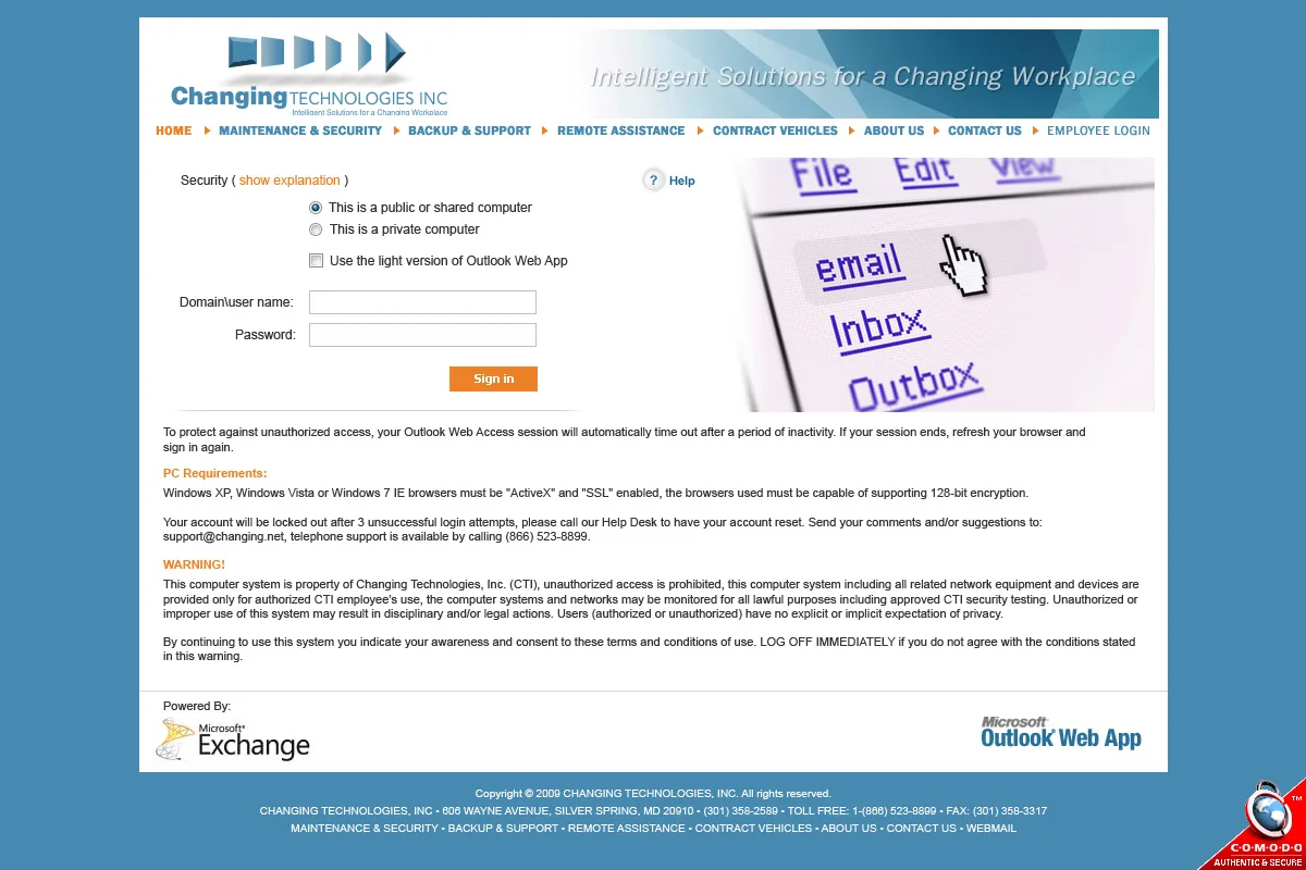 Changing Technologies: OWA: Microsoft OWA login page