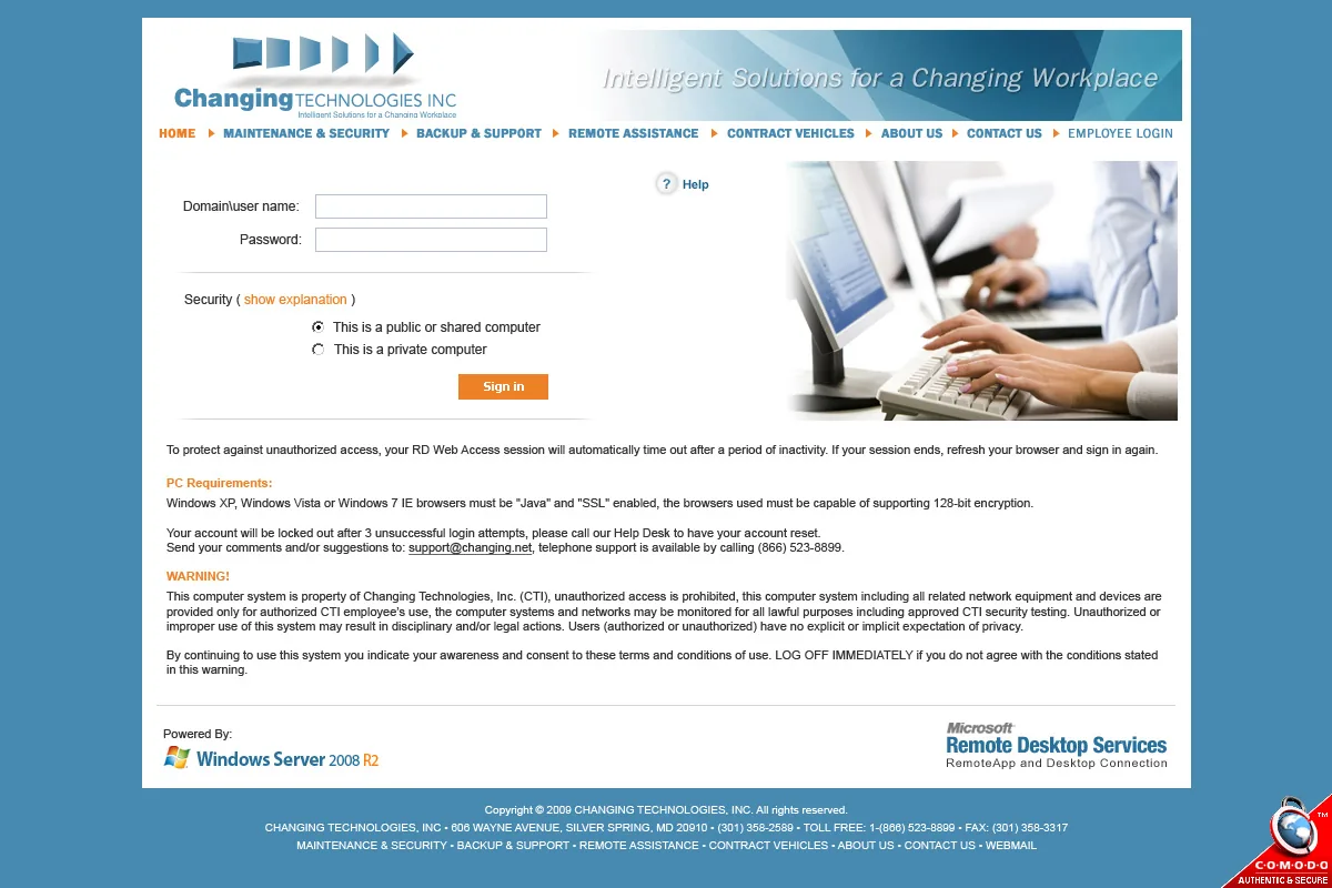 Changing Technologies: RD Web: Microsoft RD Web login page