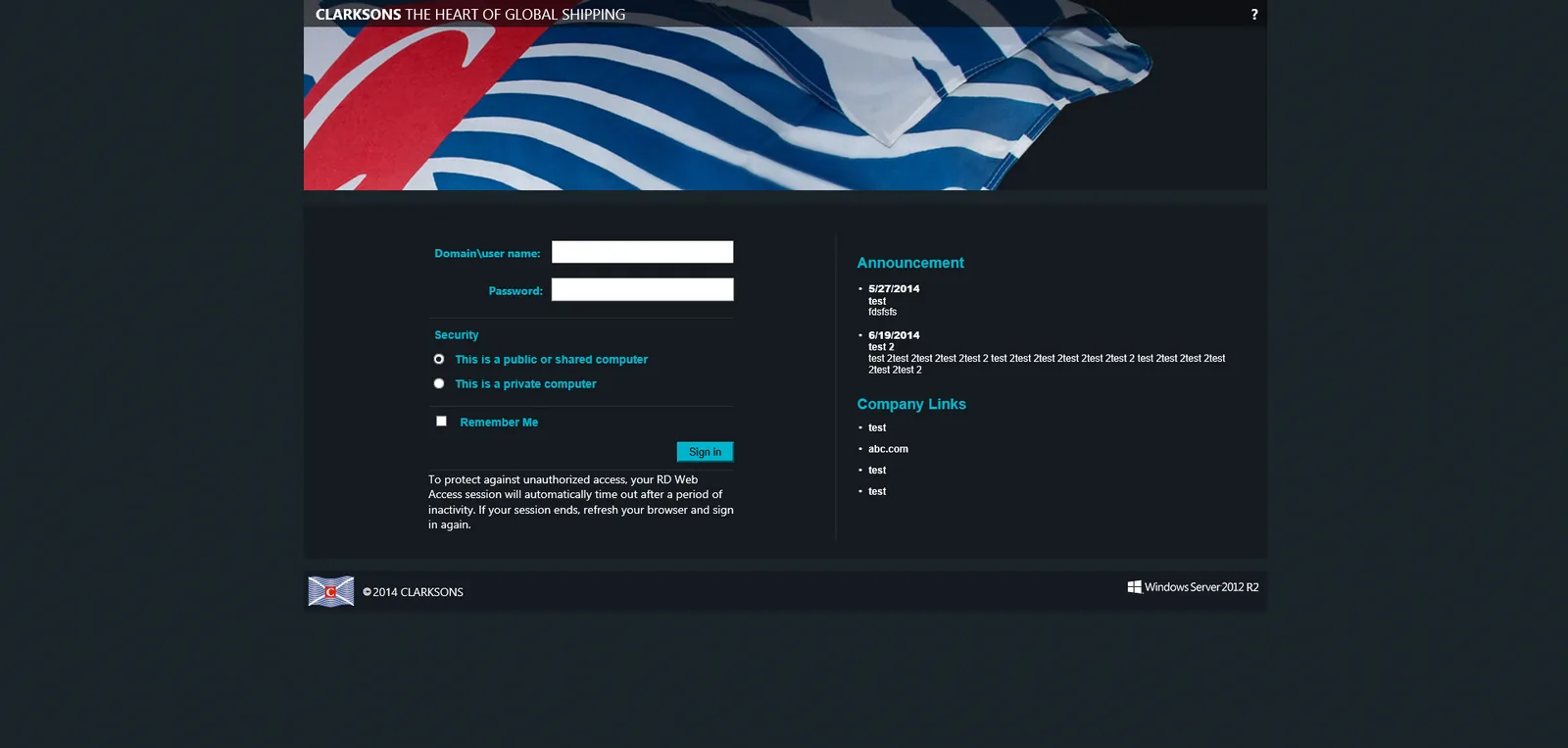 Clarksons: RD Web: Microsoft RD Web login page