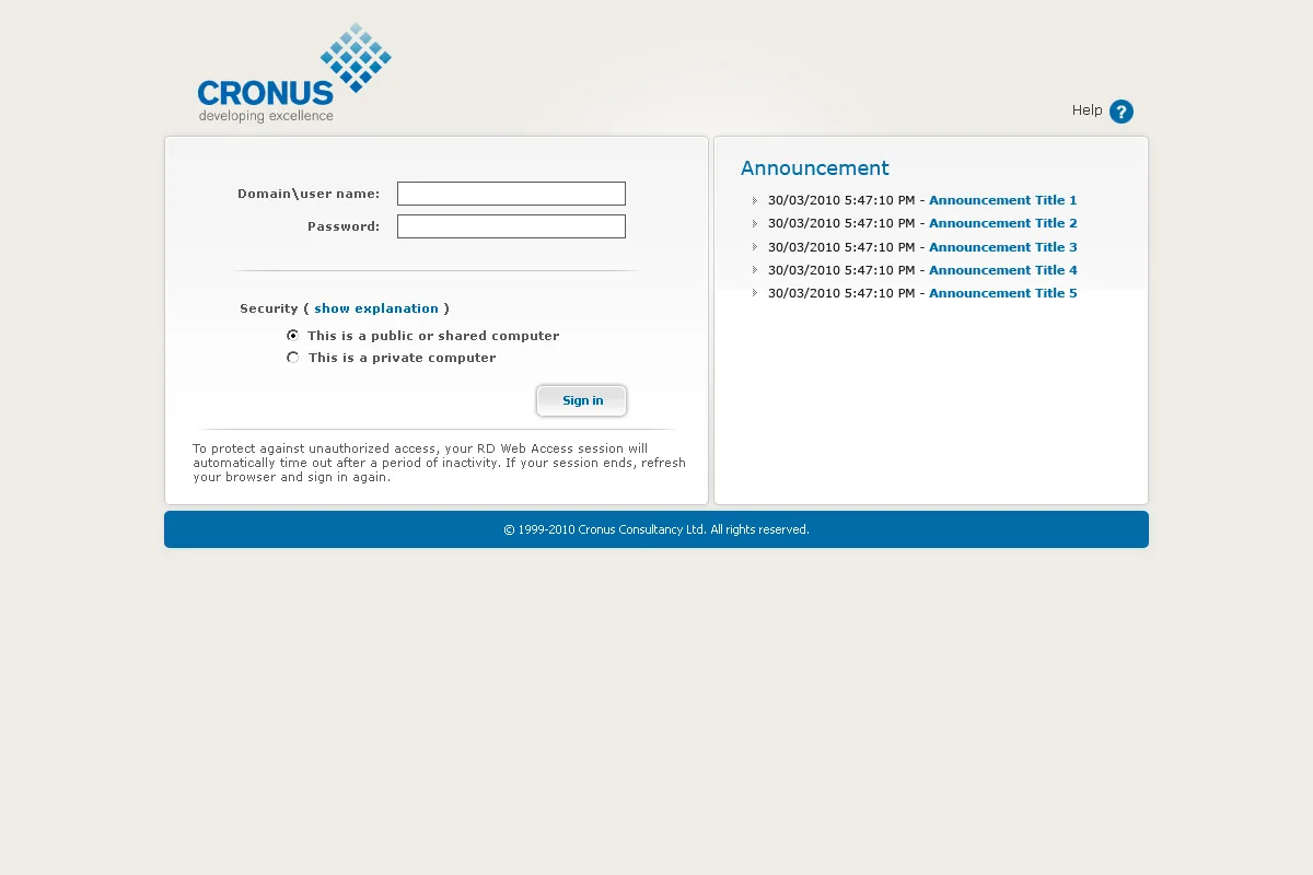 Cronus Consultancy Ltd: RD Web: Microsoft RD Web login page