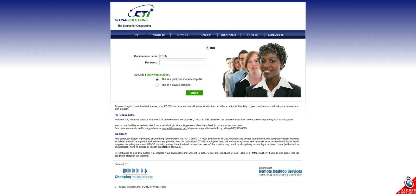 CTI Global Solutions: RD Web: Microsoft RD Web login page