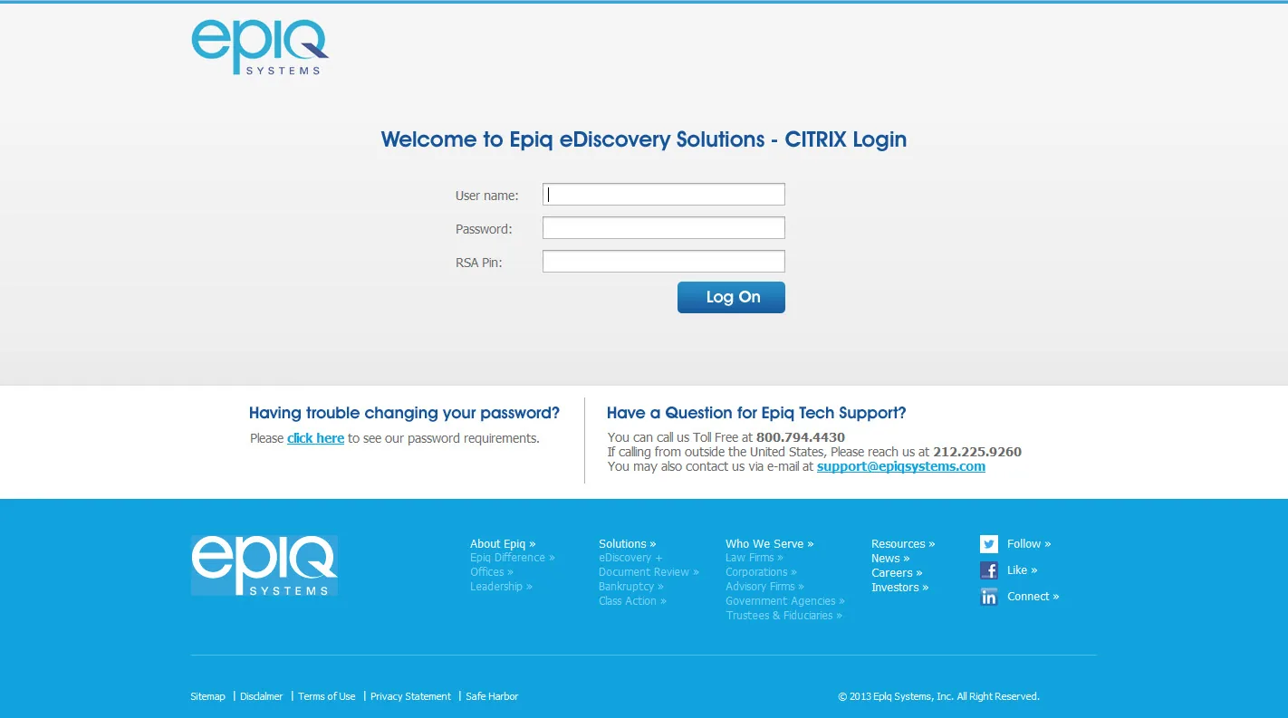 Epiq Systems: Web Interface: Citrix Web Interface login page