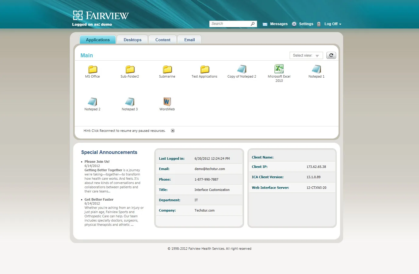 Fairview Healthcare: Web Interface: Citrix Web Interface screenshot 2