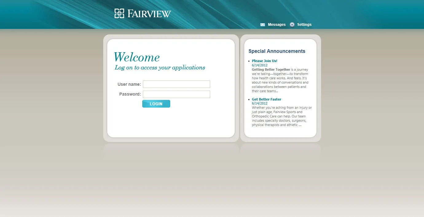 Fairview Healthcare: Web Interface: Citrix Web Interface login page