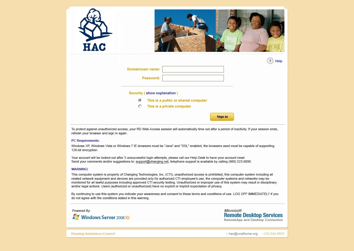 HAC: RD Web: Microsoft RD Web login page