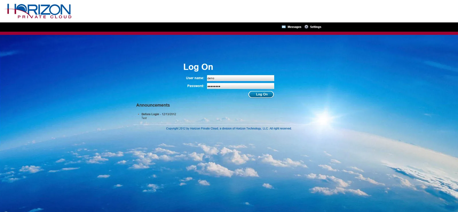 Horizon Private Cloud: Web Interface: Citrix Web Interface login page