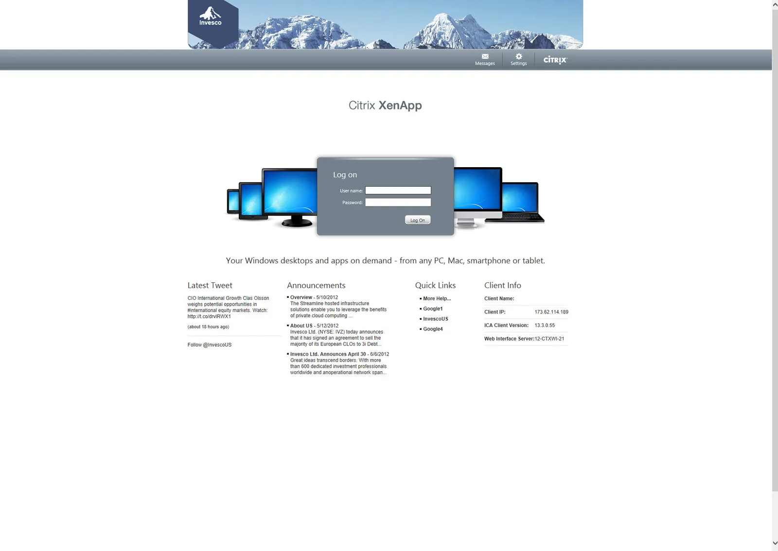 Invesco: Web Interface: Citrix Web Interface login page