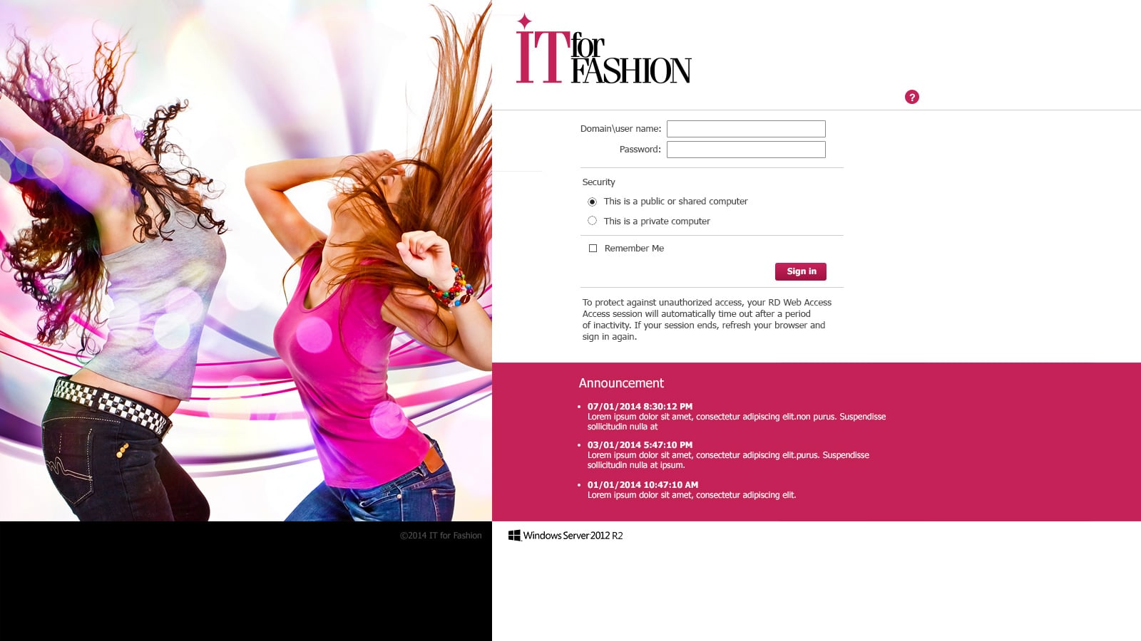 IT for Fashion: Microsoft RD Web login page