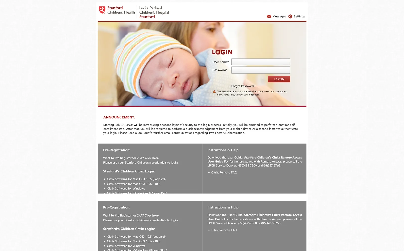 Lucile Packard Children's Hospital: Web Interface: Citrix Web Interface login page