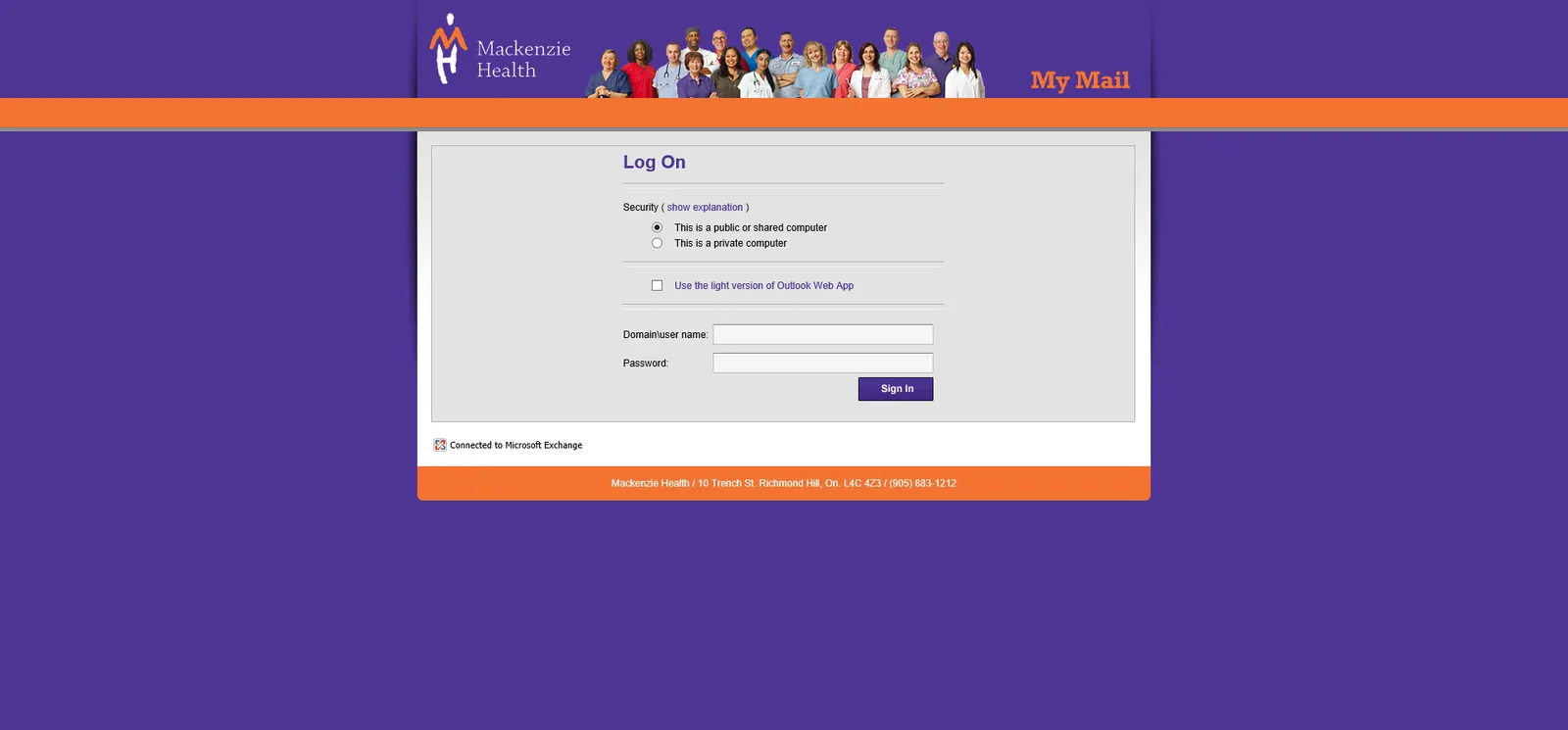 Mackenzie Health: OWA: Microsoft OWA login page