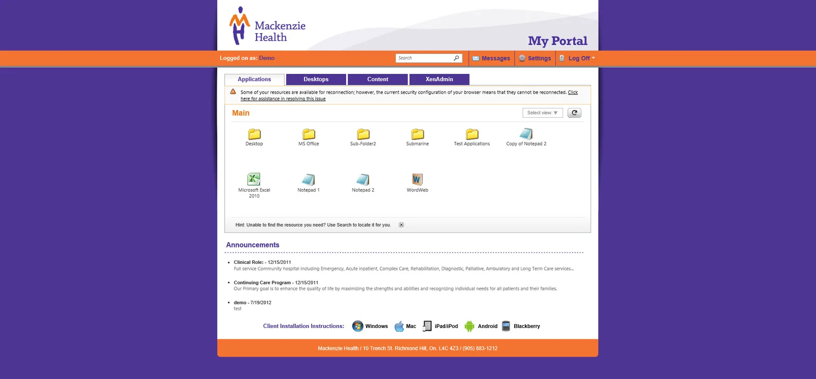 Mackenzie Health: Web Interface: Citrix Web Interface screenshot 2