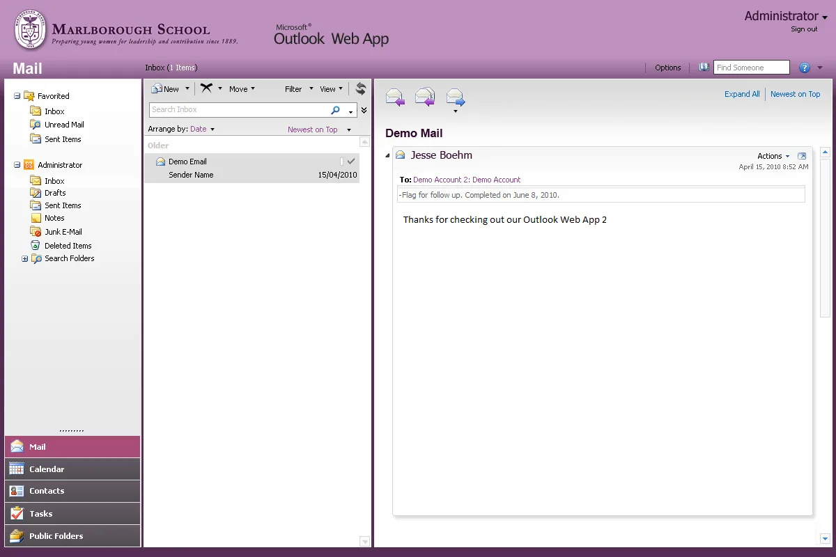 Marlborough School: OWA: Microsoft OWA screenshot 2