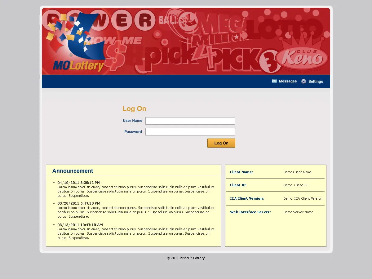 Missouri Lottery: Web Interface: Citrix Web Interface login page