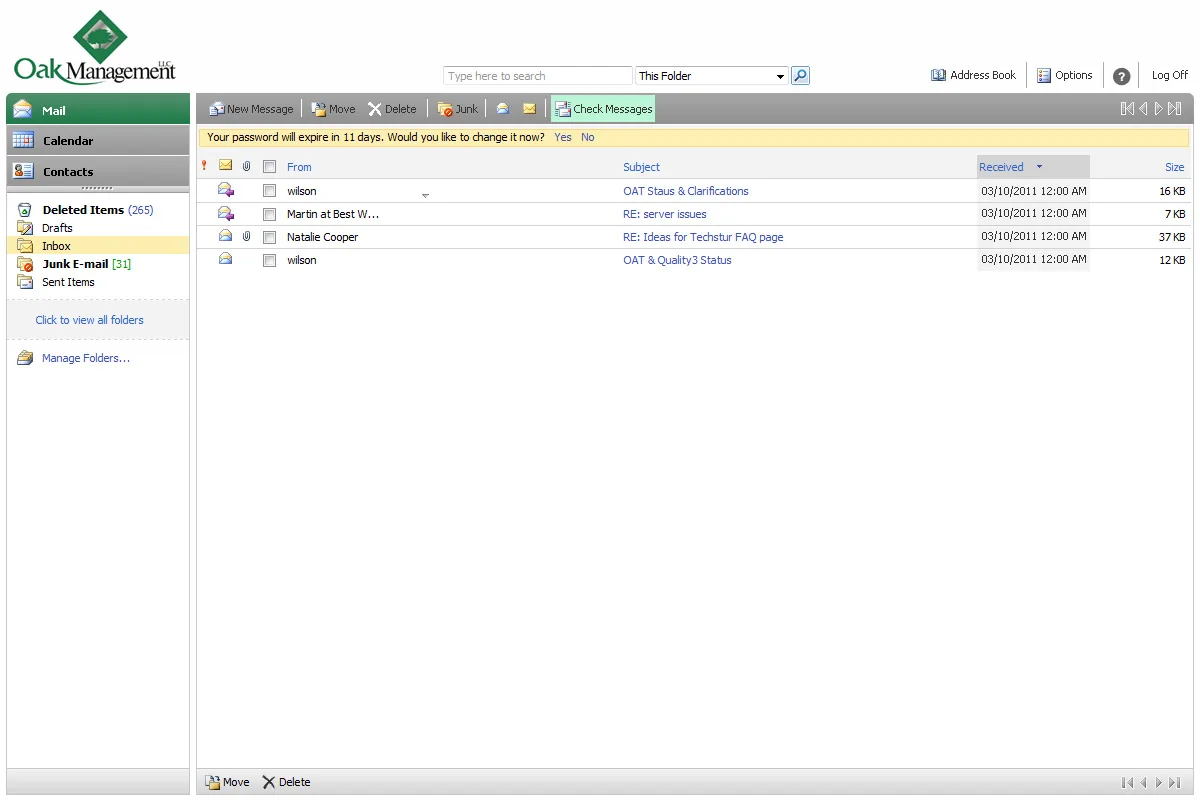 Oak Management: OWA: Microsoft OWA screenshot 3