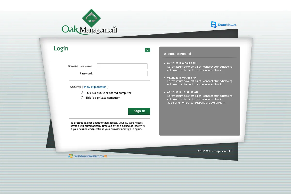 Oak Management: RD Web: Microsoft RD Web login page