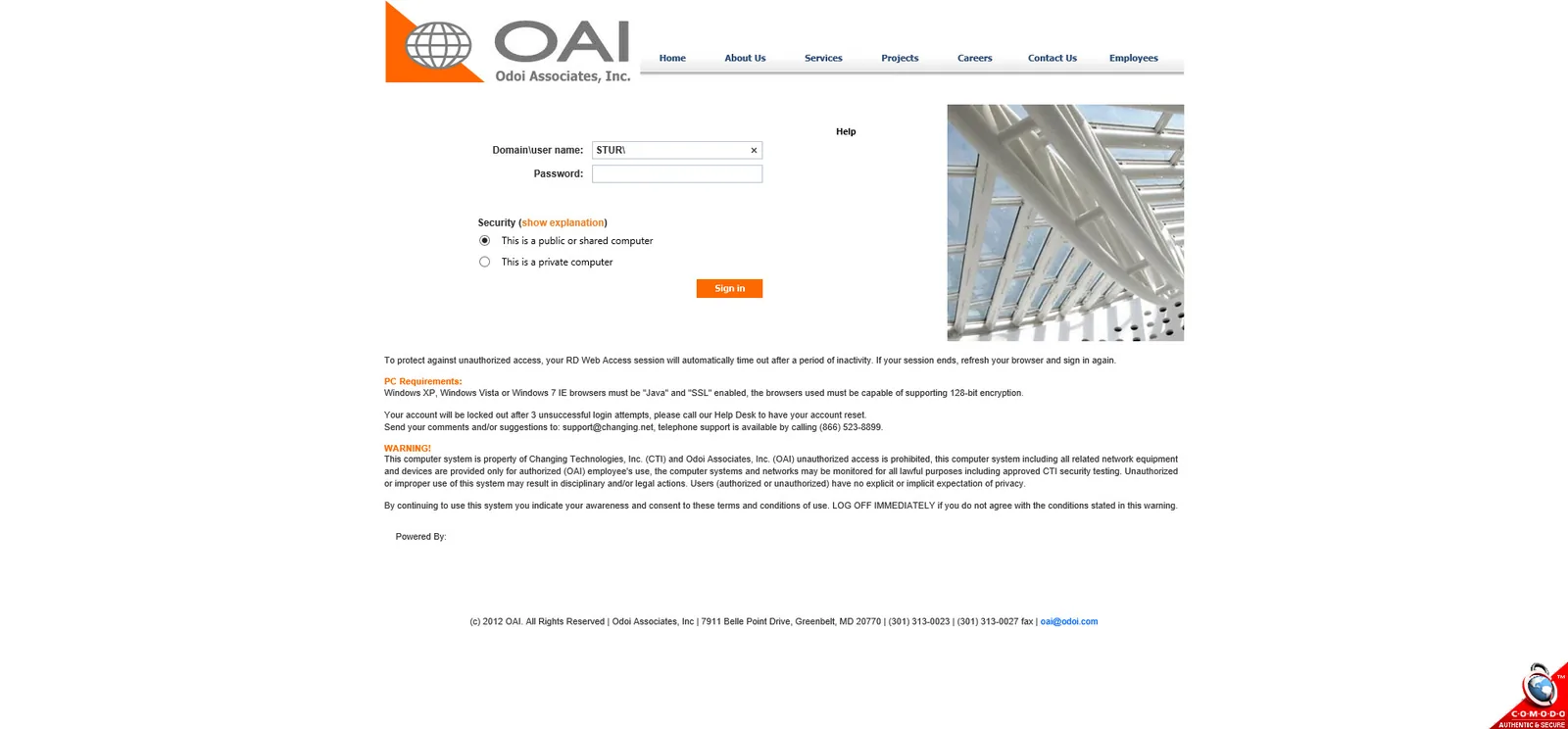 Odoi: RD Web: Microsoft RD Web login page