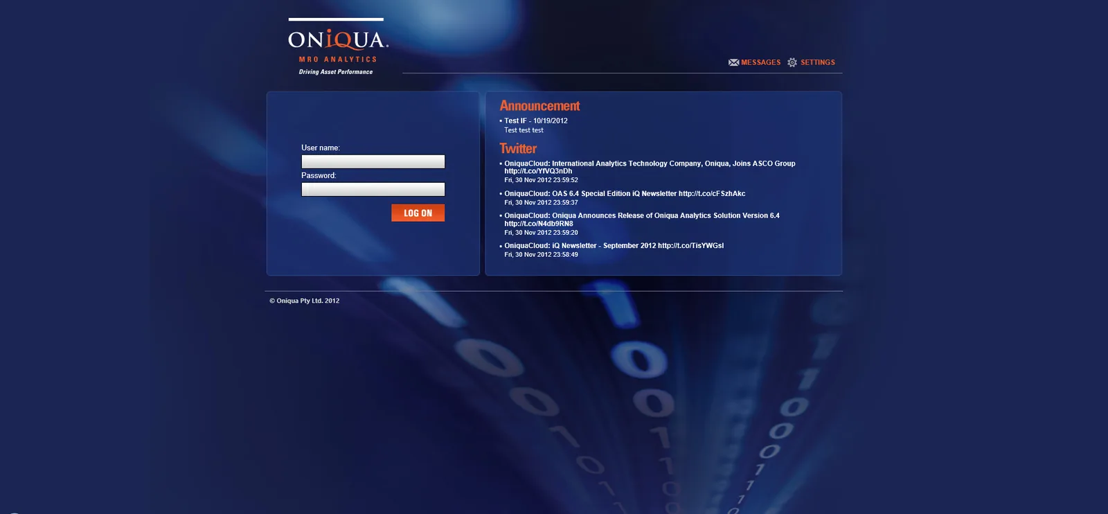 Oniqua: Web Interface: Citrix Web Interface login page