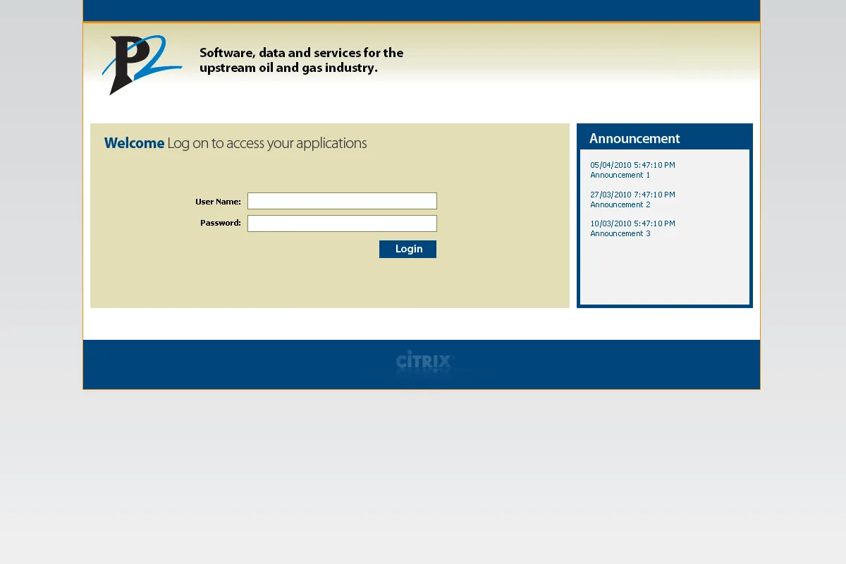 P2 Energy Solutions: Web Interface: Citrix Web Interface login page