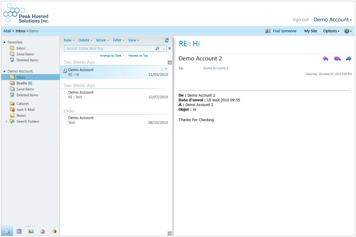 Peak Hosted Solutions: OWA: Microsoft OWA screenshot 2