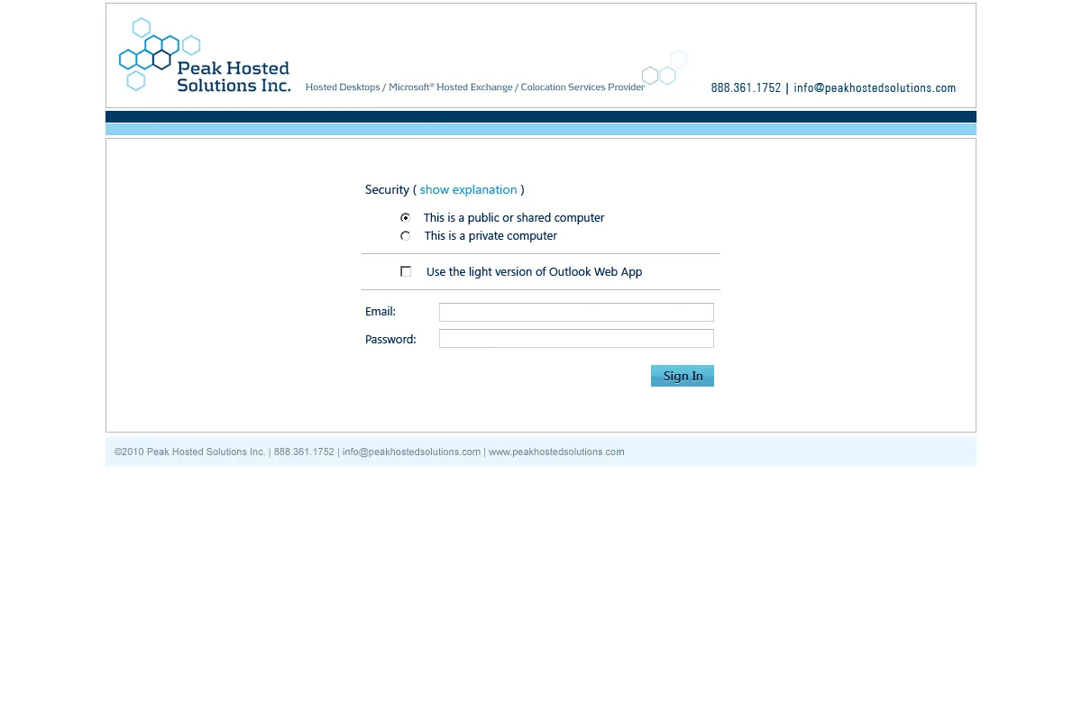Peak Hosted Solutions: OWA: Microsoft OWA login page