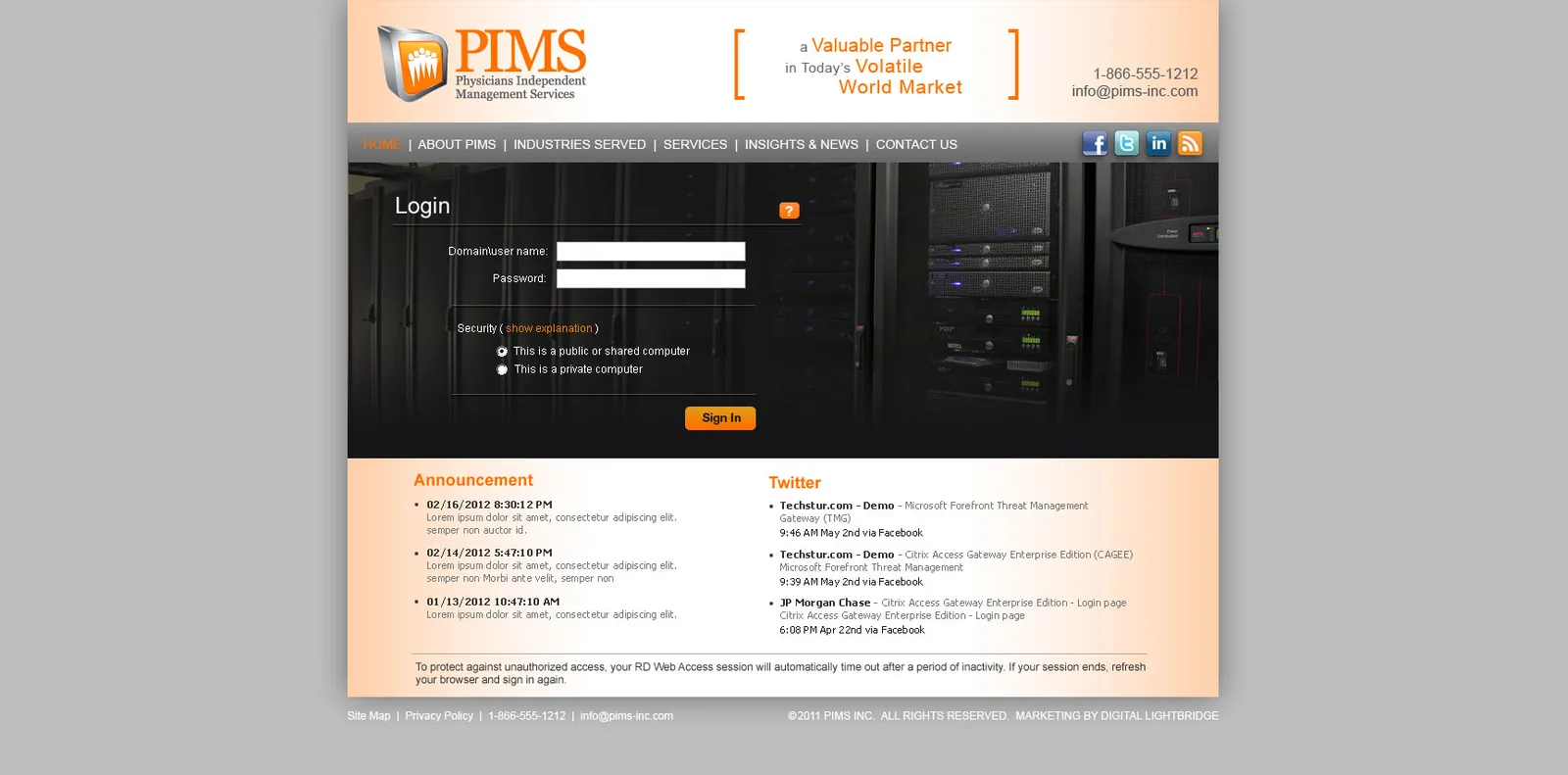 PIMS: RD Web: Microsoft RD Web login page