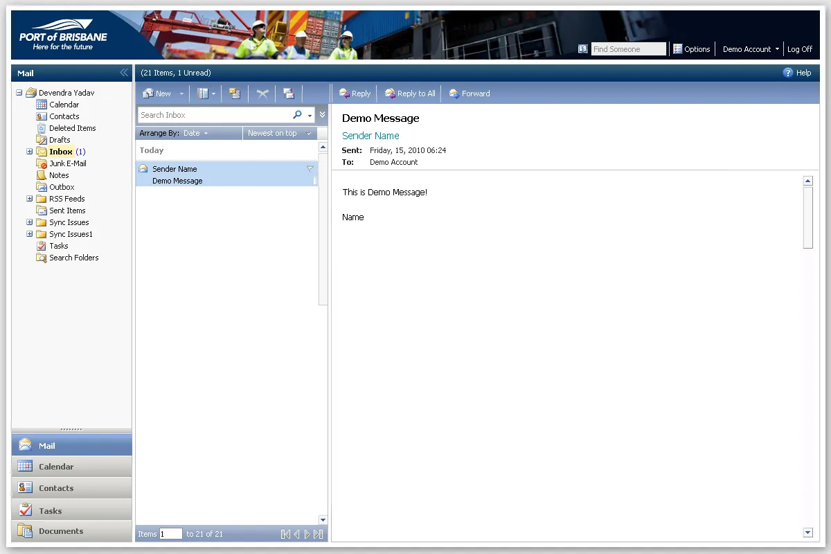 Port of Brisbane: OWA: Microsoft OWA screenshot 2
