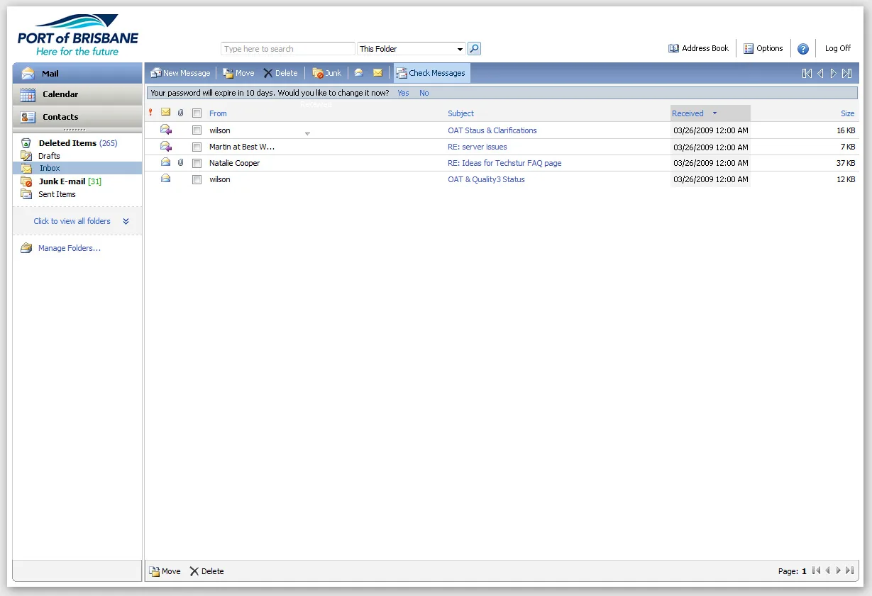 Port of Brisbane: OWA: Microsoft OWA screenshot 3