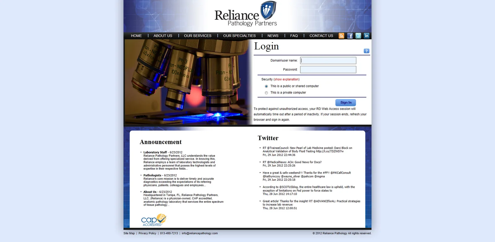 Reliance Pathology: RD Web: Microsoft RD Web login page