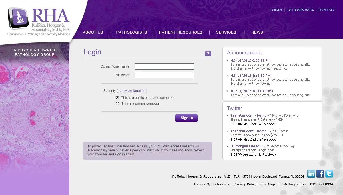 RHA: RD Web: Microsoft RD Web login page