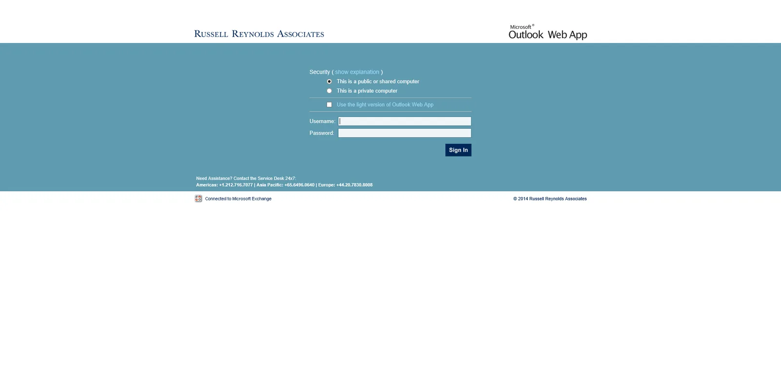 Russell Reynolds Associates: OWA: Microsoft OWA login page