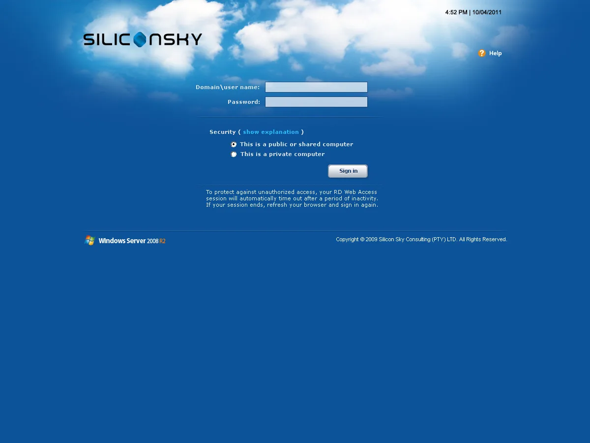 SiliconSky: RD Web: Microsoft RD Web login page