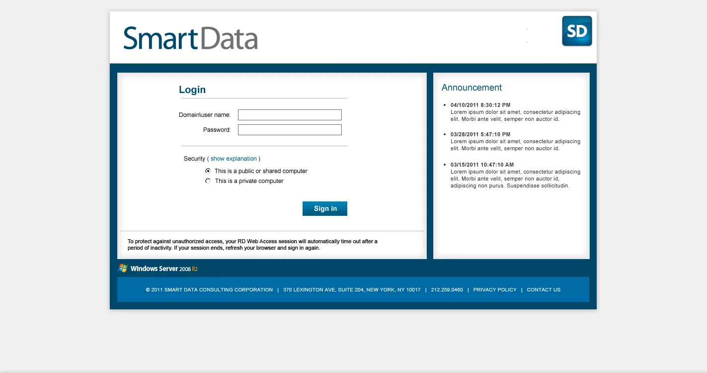 Smart Data Consulting: RD Web: Microsoft RD Web login page