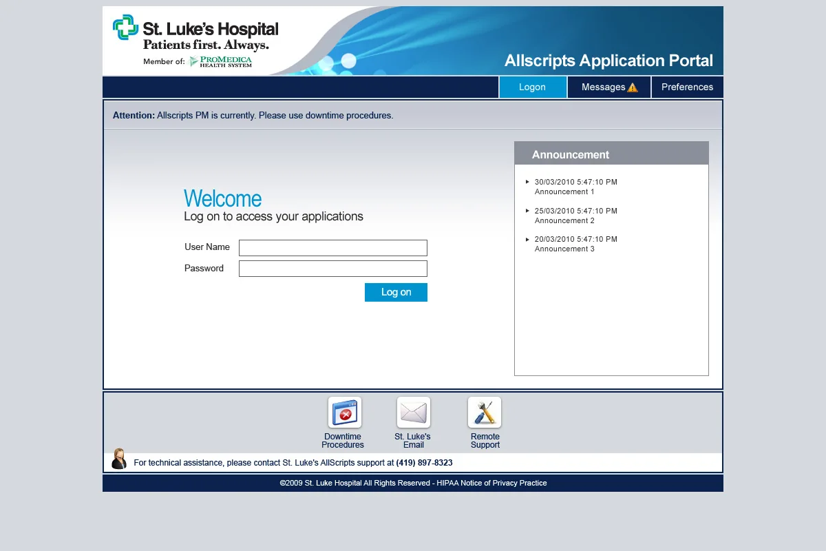 St. Lukes Hospital: Web Interface: Citrix Web Interface login page