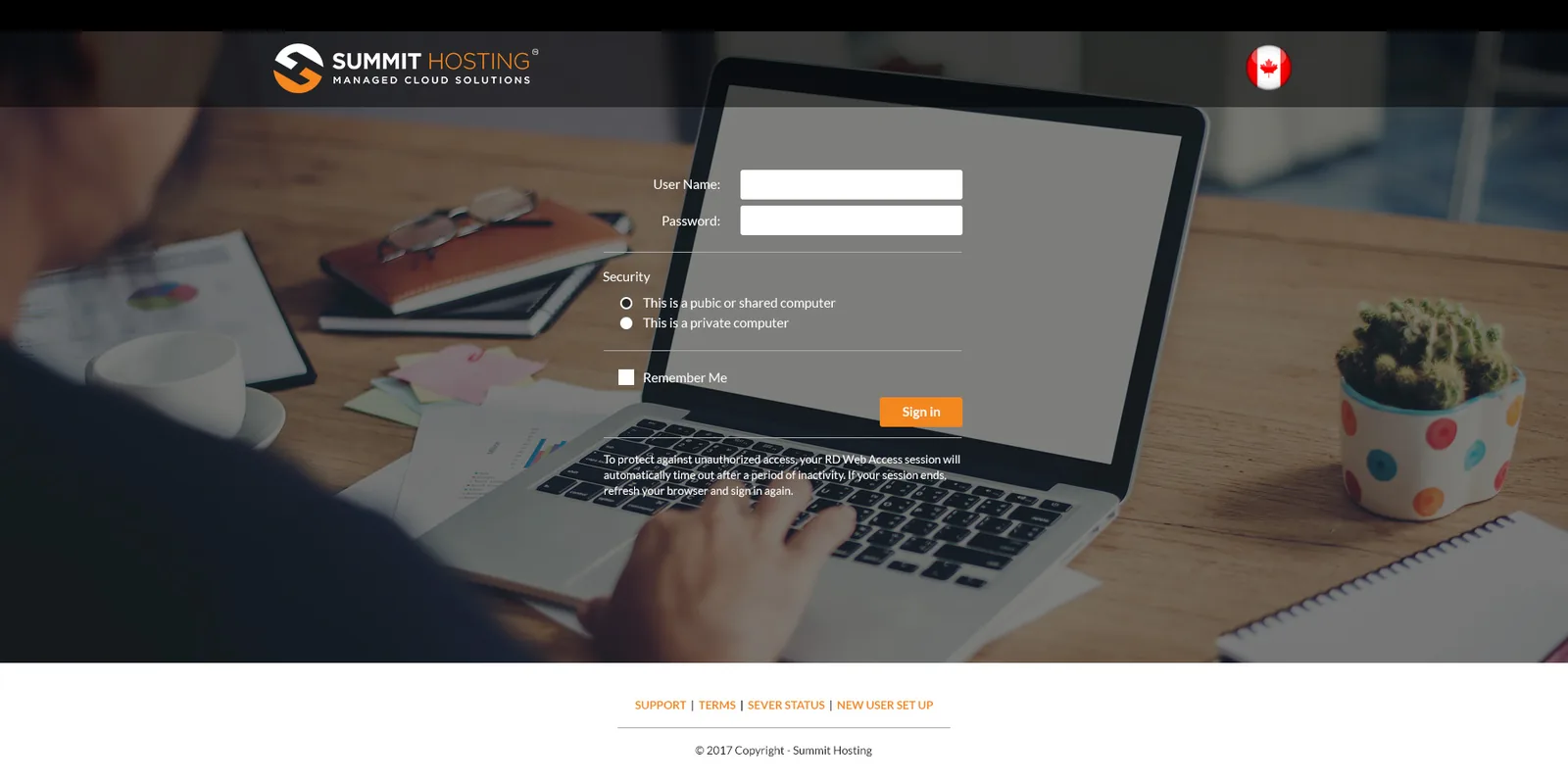 Summit Hosting: RD Web: Microsoft RD Web login page