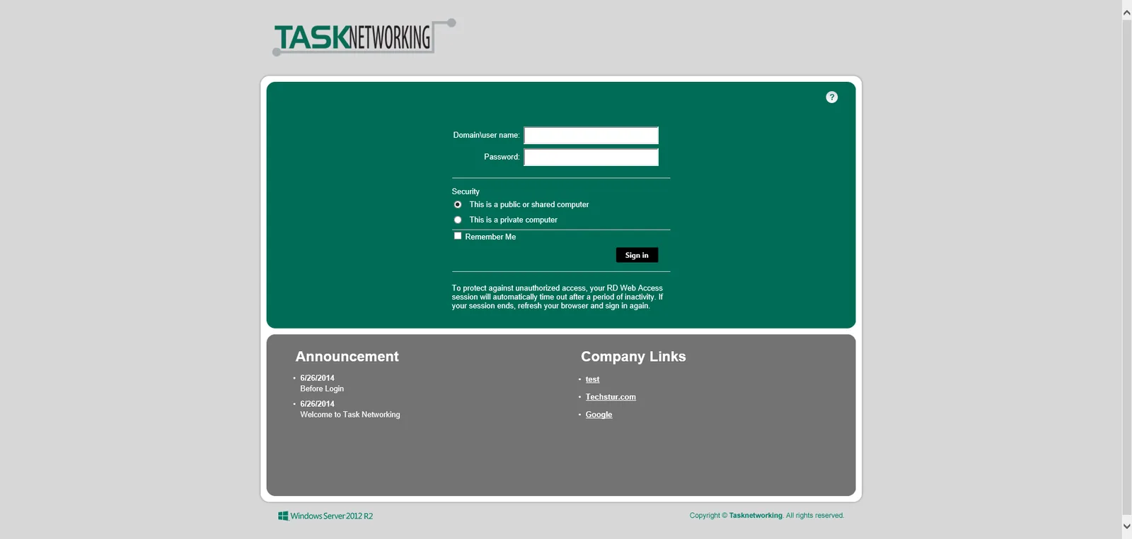 Task Networking: RD Web: Microsoft RD Web login page