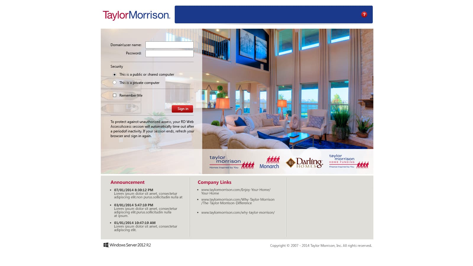 Taylor Morrison: Microsoft RD Web login page