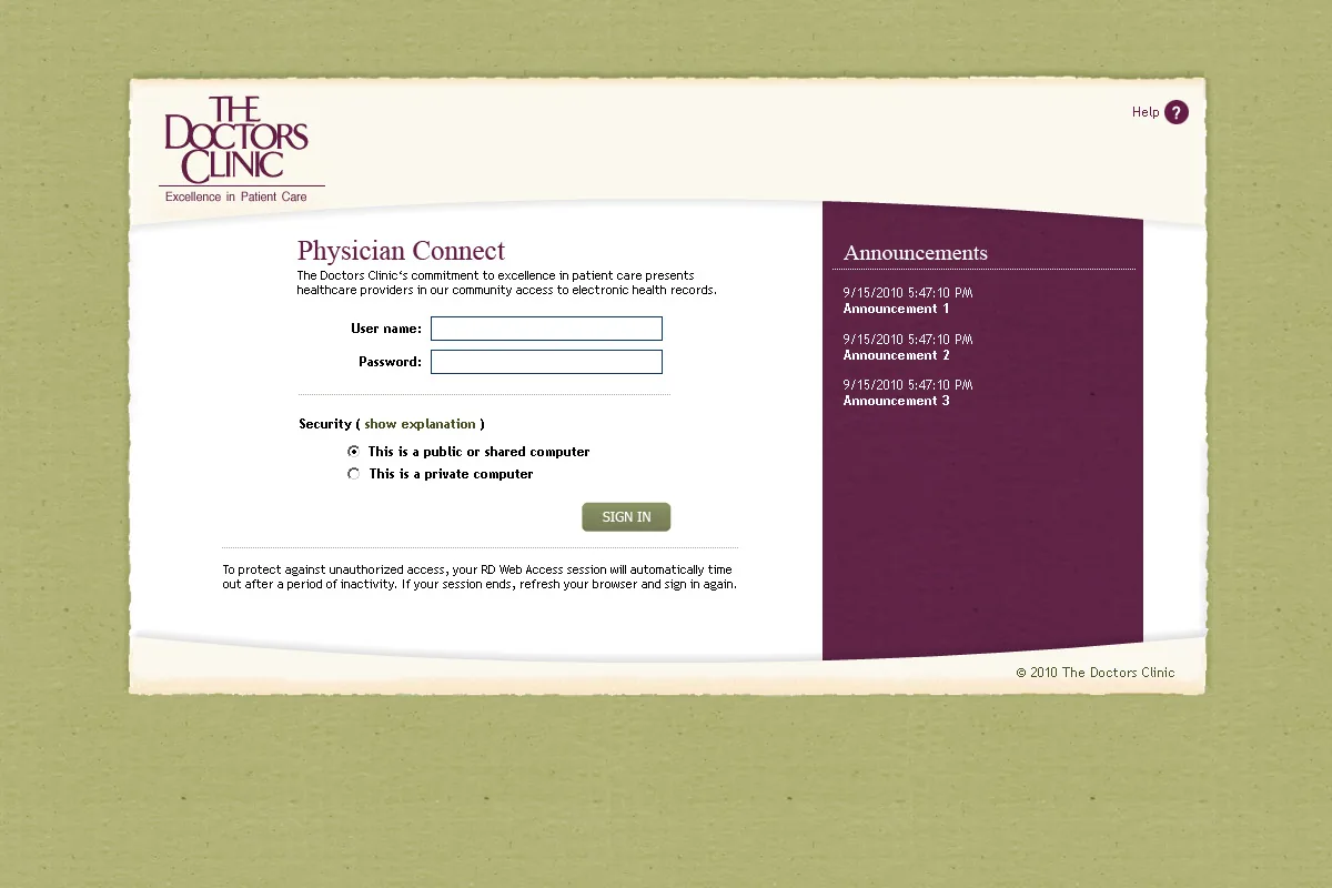 The Doctors Clinic: RD Web: Microsoft RD Web login page