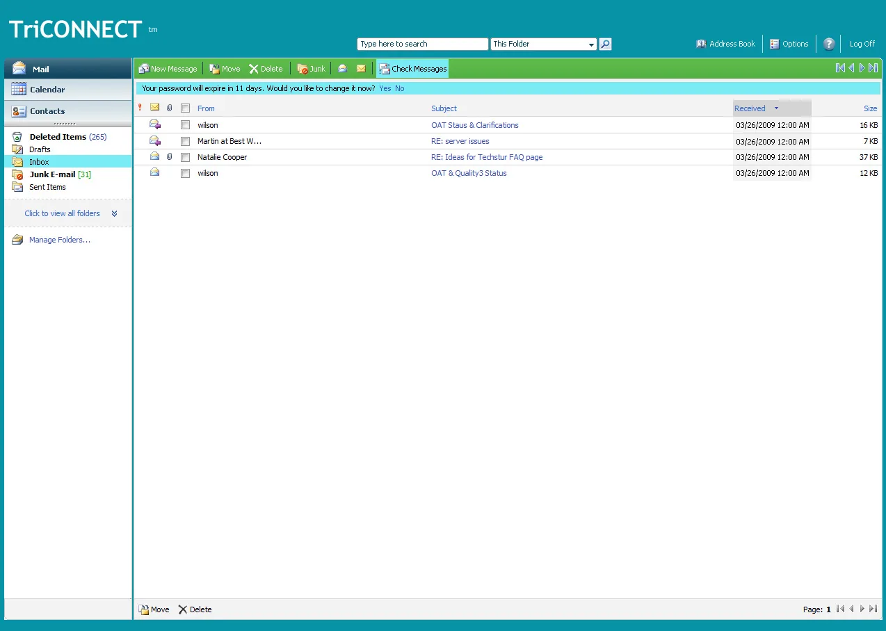 TriCONNECT: OWA: Microsoft OWA screenshot