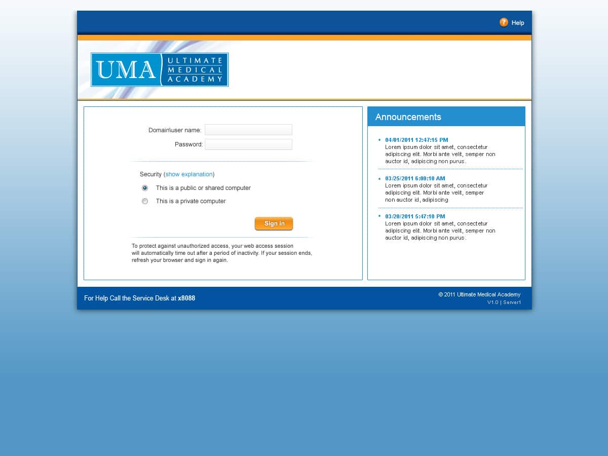 Ultimate Medical Academy: Microsoft RD Web login page