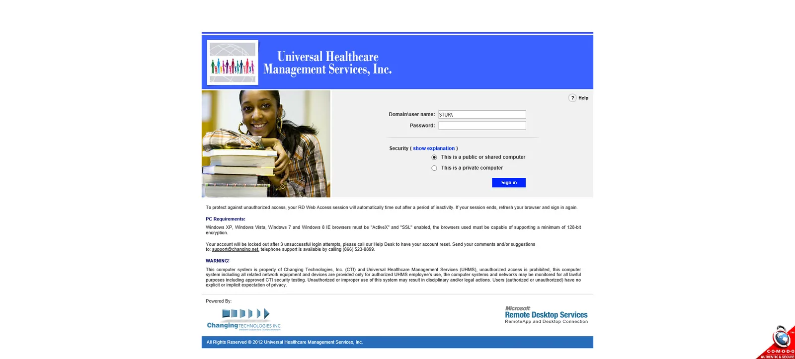Universal Healthcare Management Services: RD Web: Microsoft RD Web login page