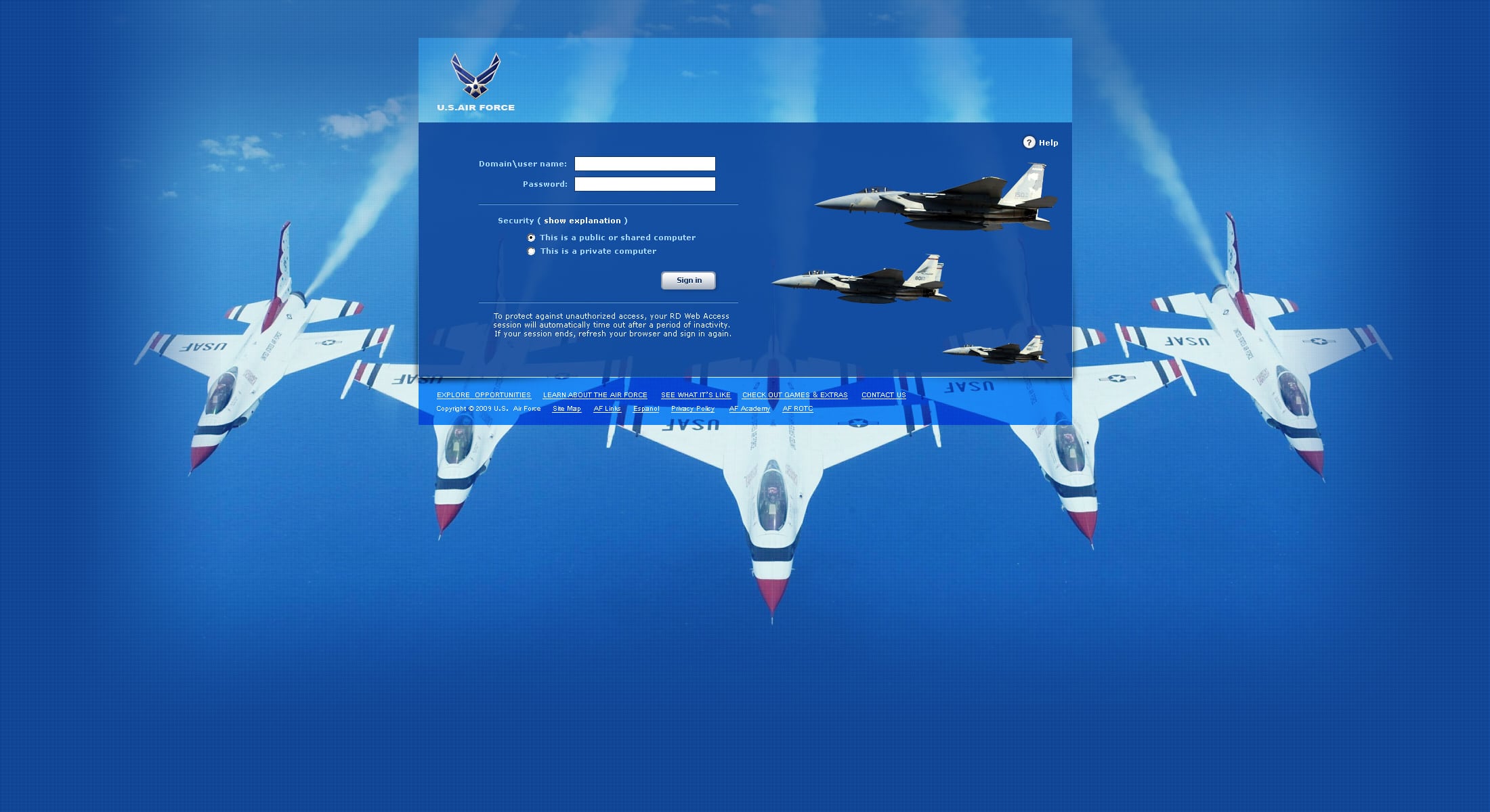 US Air Force: Microsoft RD Web login page