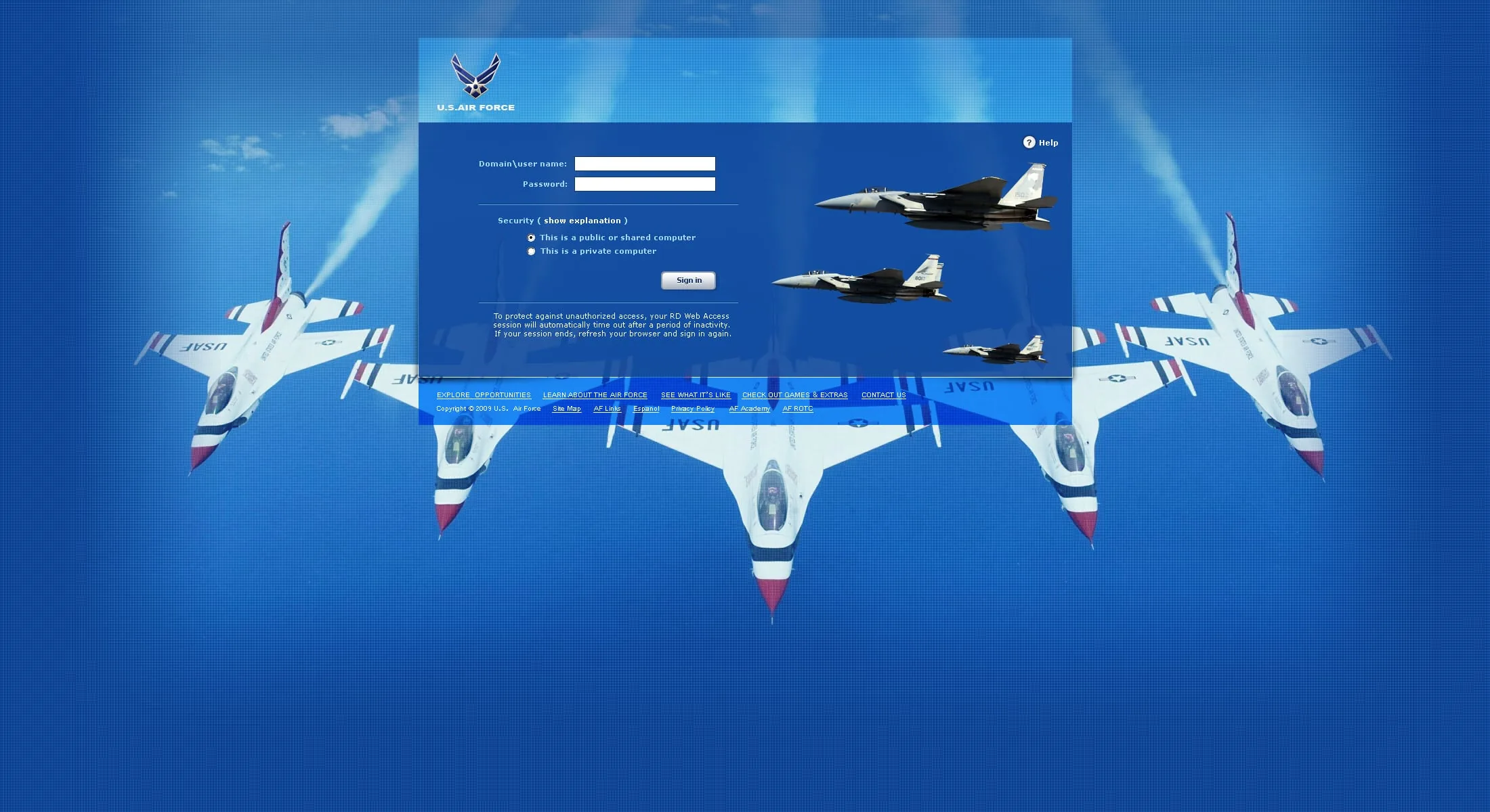 US Air Force: RD Web: Microsoft RD Web login page